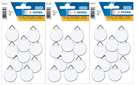 HERMA 5752 Bildaufhänger zum kleben, klein (Ø 30 mm, Papier mit Leinenstruktur) selbstklebend, wasserlöslich gummiert, Tragkraft 800 g, weiß (30 Haken - Ø 30 mm)