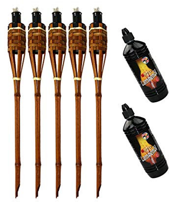Moritz Lot de 5 torches en bambou de luxe 60 cm marron foncé + 2 x 1000 ml huile pour lampe torche de jardin torche à huile décoration jardin lampe à huile chemin