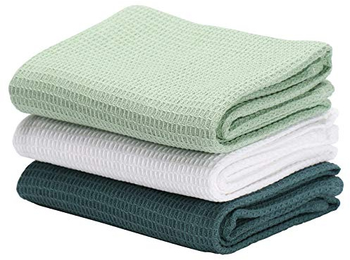 Jennice House Lot de 3 torchons de cuisine en coton gaufré ultra doux et absorbants de grande taille Vert