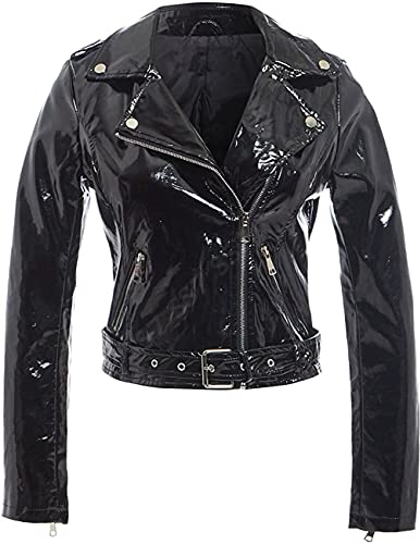 HiFacon Brando Negan Motorradjacke für Damen, Wet-Look, PVC, Leder, langärmelig, Reißverschluss - Schwarz - X-Large
