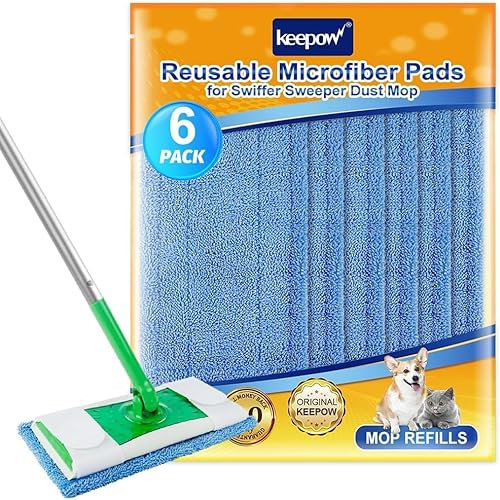 KEEPOW 6 pcs Wiederverwendbare Pads für Swiffer Sweeper Mop – Nachfüllpackungen für Waschbare Mopptücher aus Mikrofaser – 30,5 cm Große Bodenwischmoppads für Nass- und Trockenarbeiten Blau