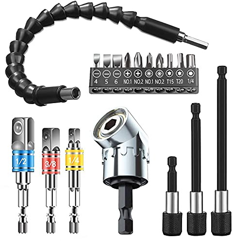 Flexible Drill Bit Extension Set 9pcs,Hex Shank 105°Right Angle Drill Bit Attachment,3pcs Universal Socket Adapter Set & Screwdriver Bit Set,3 Pcs 1/4”Hex Shank Drill Bit Holder Extension Set … …