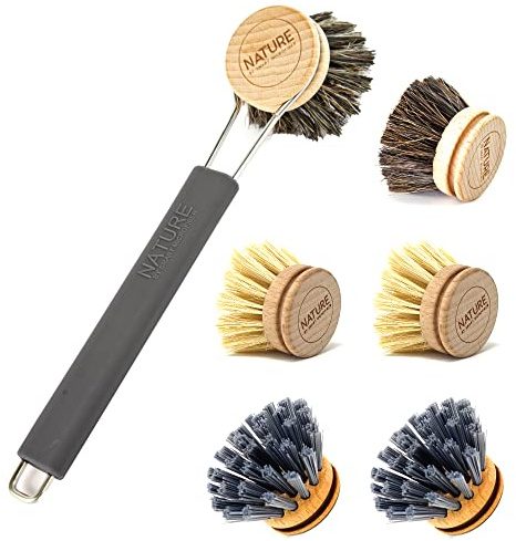 wilma nature XXL Set: Spülbürste + 6X Bürstenkopf Halterung aus Edelstahl & Silikon, je 2X Rosshaar-, Kaktus- und Synthetikborstenkopf austauschbar, nachhaltig: Farbe: schwarz 61837 Standard