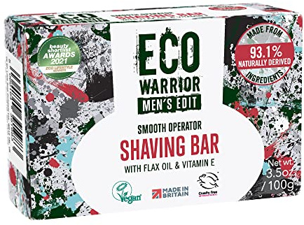 Eco Warrior Men's Shaving Soap Bar | Coconut & Flax Oil With a Blend of Cedarwood, Birch Tar & Patchouli Essential Oils | Vegan, Cruelty Free, eco friendly | No SLS or Parabens | 100g
