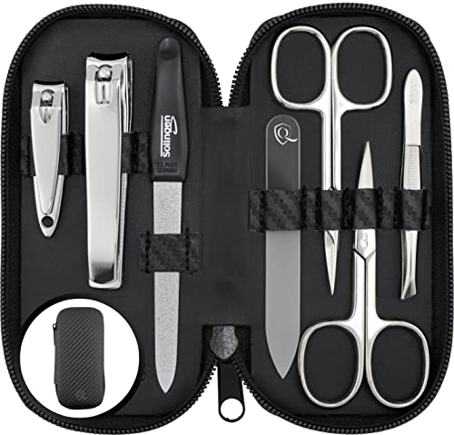 marQus - Set manicura con 7 piezas fabricado en Alemania, con lima de cristal patentada - Set para hombre y mujer, para el cuidado de pies y manos, estuche de piel sintética (diseño fibra de carbono)