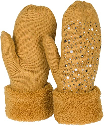 styleBREAKER Damen Strick Fäustlinge Strass Perlen | Wärmendes Thermo-Fleece-Innenfutter, elastische Passform für 16-21 cm Handumfang (Größe 6-8), ohne störende Nähte.