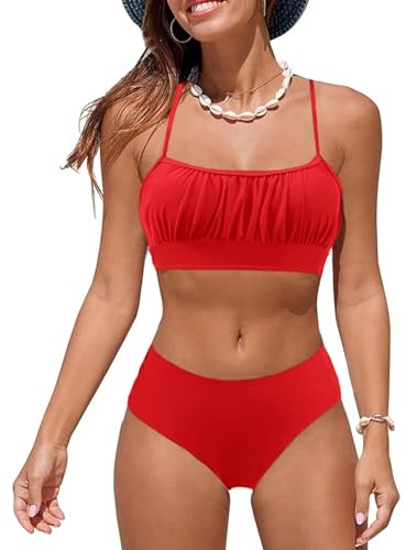 Costumi da Bagno per Donna a Due Pezzi Ruched Bandeau Bikini Set Regolabile Tracolla Costumi Donna Imbottito Push Up Bikini Top Sgambata a Vita Alta Fond Beachwear Swimwear(Vino Rosso,M)