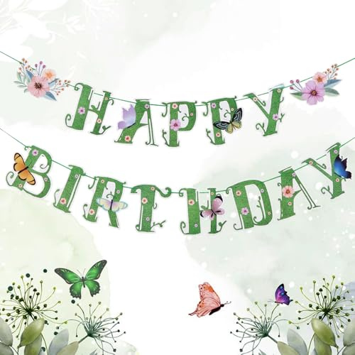 EASY JOY Sage Green Flower Happy Birthday Banners Spring Summer Wildflower Butterfly Party Flower Banner for Garden Enchanted Forest Floral Banner for Girls Women Birthday Baby Shower(Pre-Strung)