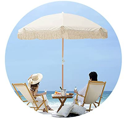 LefeDa 200cm Parasol De Jardin Vec Frange Parasol De Extérieur Beige Parasol De Plage Anti Uv Imperméable 8 Baleines Pliable Petit Parasol Balcon Wooden Stanchions Avec Sac De Transport