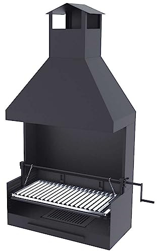 Barbacoa de carbón y leña Parrilla de acero inoxidable de 80 cm – Con elevador cortavientos y campana