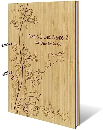 Personalisiertes Hochzeit Gästebuch echtes Holz DIN A4 Hochzeitsbuch mit Lasergravur - Liebesbaum - mit 72 Blatt / 144 Seiten Naturpapier Weiß