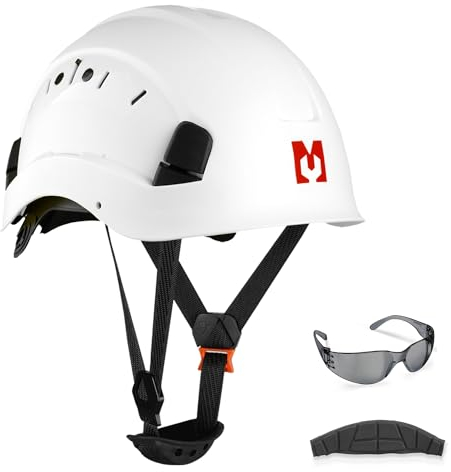 Mustbau Casco di Sicurezza, Casco Protettivo EN397 con Occhiali Antiappannamento, Fascia Regolabile da 53 a 63 cm, Materiale ABS Resistente Per Uomini Donne - Bianco