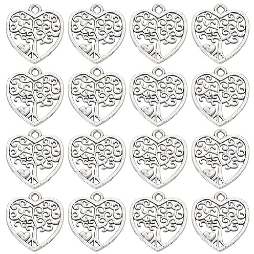 SUNNYCLUE 1 scatola 100 pezzi Cuore Albero Della Vita Ciondolo Piccolo Albero In Argento Ciondoli Sfusi Pendenti In Lega Stile Tibetano Pianta In Metallo Portafortuna per Gioielli Creazione di Ciondol