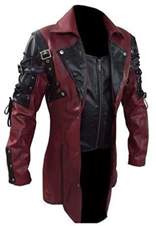 Vêtements gothiques steampunk pour homme - Manteau frack pour homme - Carnaval médiéval - Renaissance victorienne - Halloween - Costume vintage - Veste punk - Veste de moto en cuir - Cosplay, rouge, L