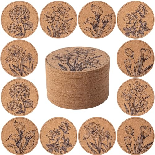 STARUBY Cork Coasters for Drinks Absorbent Non Slip 12pcs 4 Inch Flower