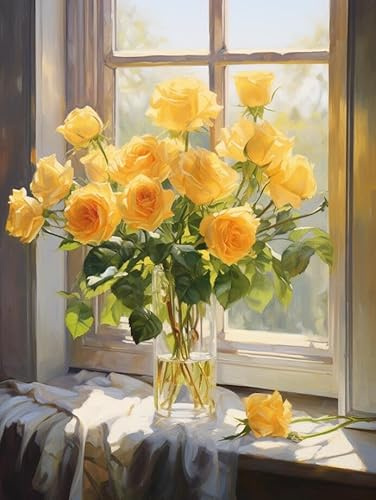 Taxpy Quadri su tela formato Rose gialle sul davanzale della finestra, D, 40 * 60 cm Pittura Quadri su tela Poster Wall Art Stampa Immagine Casa Ufficio Decor Decorazioni da parete per soggiorno