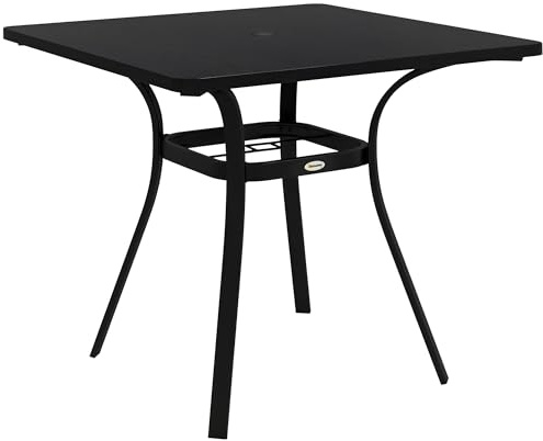 Table de jardin Outsunny, table de salle à manger avec trou pour parapluie, table de balcon carrée pour 4 personnes avec coussin de pied pouvant supporter jusqu'à 70 kg pour la terrasse, acier, noir,