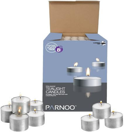 PARNOO Tealight Candles - White, Unscented, 8 Hour Burn Time, 225 Count, Modern Style, Perfect for Romantic Dinners, Weddings, Spa & Hotels