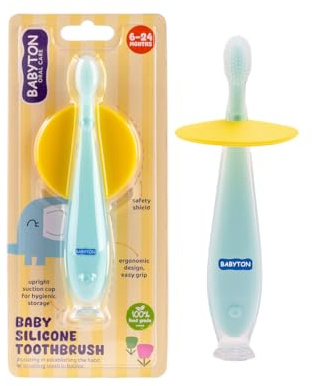 Babyton Cepillo de dientes de silicona para bebé, 100% silicona de grado médico, escudo de seguridad, sin BPA, para bebés de 6 a 24 meses