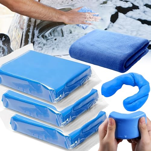 3 Stück Reinigungsknete Auto mit Handtuch, Auto Reinigungsmasse, Lackreinigungsknete zur Lackpflege, Magic Car Clay Bar für Autoreinigung Felgenreinigung (300g,Blau)