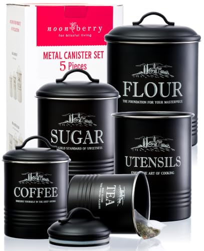 noonberry Kitchen Canisters for Countertop – 5-Piece Airtight Canister Sets for the Kitchen Counter with Utensil Holder – Flour Sugar Coffee Tea Containers – Matte Black Finish