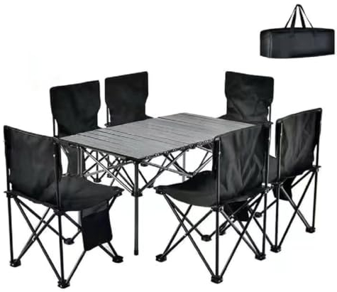 JUNYFFF Campingtisch Klapptisch Aus Stahl Tragbarer Klappstuhl Ultraleicht Camping Tisch Klein Tisch Zum Garten Wandern Camping, Mit 6 Stühlen, Für Picknicks, Strände, Angeln, Wandern, Angeln,Schwarz