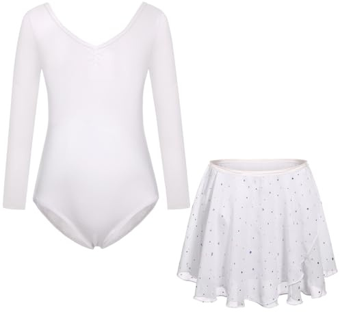 FONLAM Vestido Maillot de Ballet Danza para Niña Maillot Gimnasia Rítmica Manga Larga Falda Ballet Tutú Niña (6-7 Años, Blanco)