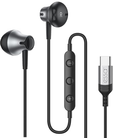 essa Typ-C-hörlurar med kraftfull bas, In-Ear USB-C-hörlurar med mikrofon, trasselfri, ergonomisk design för Android, iPad, iPhone 15, bärbara datorer och mer (svart)