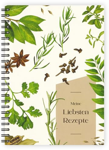 temonto Rezeptbuch zum Selber Schreiben für 60 Gerichte inkl. Inhaltsverzeichnis | DIN A5 100g FSC® Naturweiß-Papier | Drahtkamm-Bindung und Schutzcover | Kräuter Collage