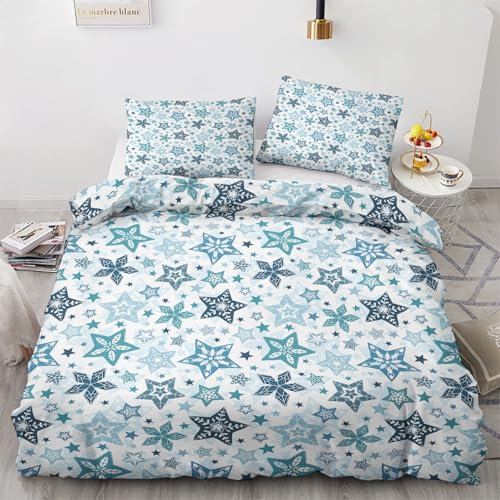 Generisch Weihnachten Deko - Weihnachten Bettwäsche 140x200 Winter, Blau Sterne Schneeflocke Bettbezug 2er Set mit 1 Kissenbezug 70x90, Weiche Mikrofaser Winterbettwäsche mit Reißverschluss W*&75