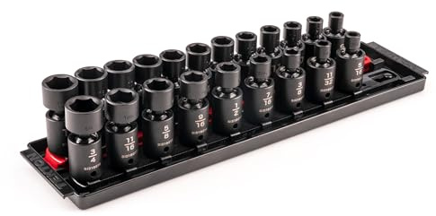 TEKTON 3/8 Inch Drive 6-Point Universal Joint Impact Socket Set with Rails and Tray, 21-Piece (5/16-3/4 in., 8-19 mm) | SID97200 | (5/16 - 3/4 in., 8 - 19 mm), Shallow, 6-Point