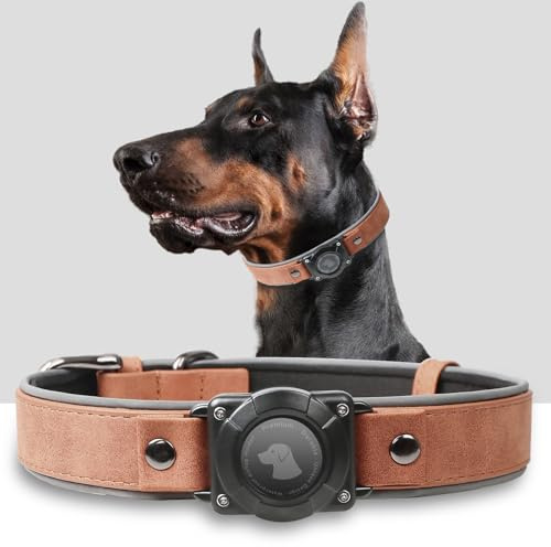 AirTag Hundehalsband, Leder, mit Airtag-Halterung, IPX8, wasserdicht, reflektierend, hochwertig, verstellbar, weich gepolstert, GPS-Tracker-Halsbänder, passend für mittelgroße und große Hunde