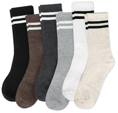 Justay 6 Pairs Striped Crew Socks - Cute Casual Long Athletic Running Tube Calf Cotton Socks for Women Gifts