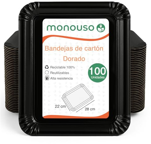Monouso | 100 Bandeja de Cartón Negra 22×28 cm | Rectangular Compacta | Resistente al Aceite y Calor | Ideal para Degustaciones y Catering | Pack de 100 Unidades