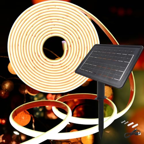 KISUFU 24V Luces Exterior Solar, IP68 Impermeable Luminoso COB 320 Leds/m Neon Tira de Luz LED 8 Modos de Luz Luces Solares con 7200mah Panel Solar Para Jardines, Patio, Dormitorio.