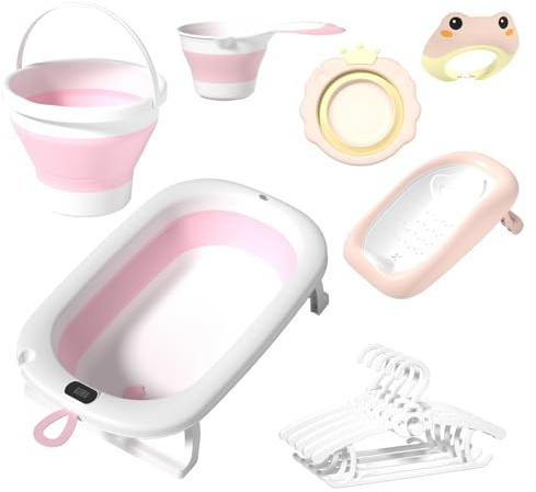 Little Bambino 7-in-1 Baby Bath Set, Foldable Bathtub with Temperature Display, Bath Seat, Bucket, 0-8 Years (Pink)