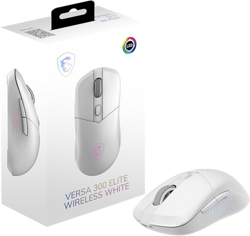 msi Versa 300 Elite Wireless White Gaming Mouse - 26000 DPI Optical Sensor, 1000 Hz Polling Rate, Symmetrical, 60M+ Click OMRON Switches, 6 Buttons, 200-Hour Battery, 1ms Latency, RGB, 65g