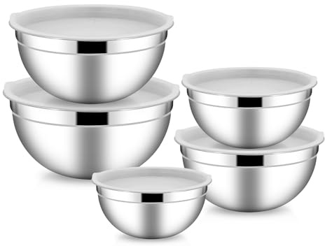 JJoexyfit Mixing Bowls with Lids, 5 Pcs Stainless Steel Salad Bowl Metal Bowl Set for Cooking, Prepping, Serving (Clear)