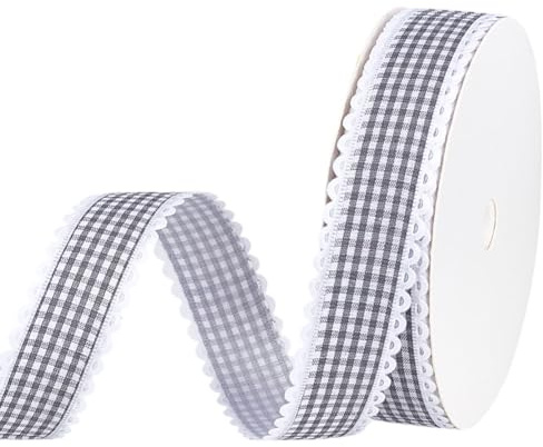 MAYJOYDIY 22.8m Graues Gingham Band 25mm Spitze Plaid Schleifenband Französisches Geschenkband Retro Dekorband Für Geschenkverpackungen, Kunsthandwerk, Kleidung, Weihnachts