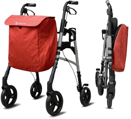 Flexor | Rollator, rot, leicht, faltbar, höhenverstellbar, belastbar bis 136 kg | Sitz mit Rückenlehne, große 360° Lenkrollen, abnehmbare Tasche | Komfort und Mobilität für Senioren