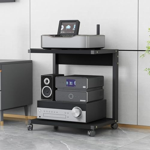 Generisch Moderner 2-stufiger Druckerständer auf Rädern, vielseitiges AV-Medienregal mit Holzregalen, Stereoturm für Wohnzimmer und Home-Office-Entertainment-Center