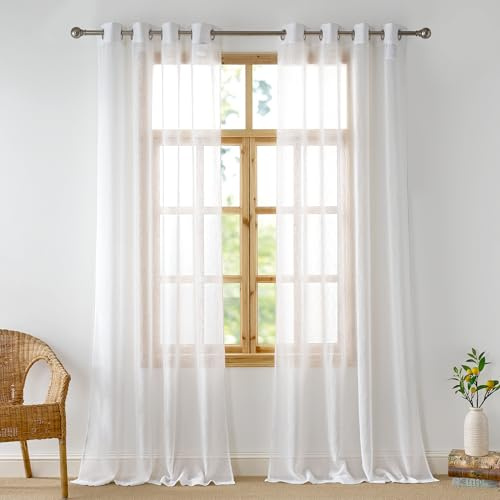 PONY DANCE Leinenoptik Gardinen Weiss Halbtransparent Ösenschal 2er Set H 240 x B 132 cm Boho Style Vorhänge für Wohnzimmer/Schlafzimmer Deko, Weiß