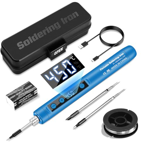 Daakro Kit de fer à souder USB sans fil avec écran LCD, température réglable de 180 à 450 °C, avec 3 pannes à souder et accessoires, kit de soudure pour réparation et électronique, bleu