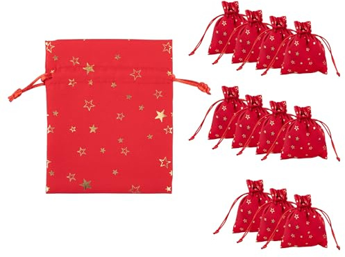 Idena 90419 - Stoffbeutel ca. 10 x 13 cm, 12 Stück, rote Säckchen mit Sternen-Motiv, Weihnachtssack mit Kordel, Geschenkbeutel für Weihnachten