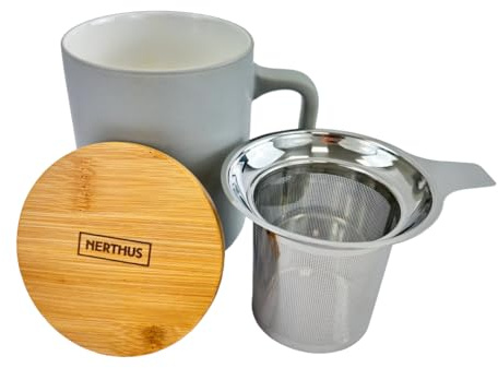 Nerthus FIH 1568 keramikkopp 375 ml med infusor i rostfritt stål och bambulock elegant design idealisk för te och infusioner havsgrön