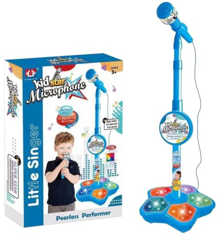 Kids Microphone with Stand, Microphone for Kids, Kid Karaoke Machine for Girls Boys, Toddler Microphones for Singing, Musical Toy for Fun Sound Effects, Colorful Lights (2-blue)