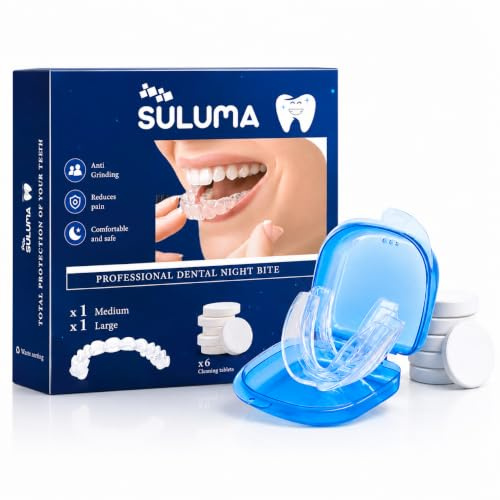 SULUMA Bite Bruxismo Notturno Professionale Antirussamento Digrignare Dentale Automodellante Uomo Donna Arcata Superiore 2 Taglie Medium Large Morbido Silicone 6 Compresse Disinfettanti
