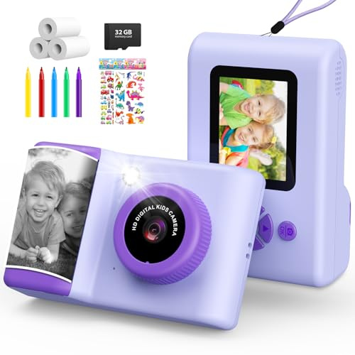 CHAKEYAKE Appareil Photo Instantané Enfant, 20MP 1080P HD Appareil Photo Numérique Portable avec Écran 2,4 Pouces, 3 Rouleaux Papier Photo Couleur, Carte Mémoire 32GB, Cadeau Enfant 3–14, Violet