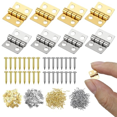 WPPQWP 100er-Set Scharniere Klappbar Klein Mini 10 x 8mm für Basteln | mit 400 Nägel Messing zum Basteln für Holz, Puppenhaus, DIY, Handwerk, Holz-Schmuckschatulle Modellbau Gold Silver