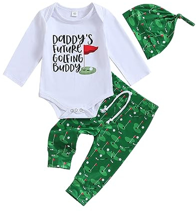 WWAYBEI Newborn Baby Boy Golf Outfit Daddy's Future Golfing Buddy Funny Romper T-shirt Tops and Golf Pants 3Pcs Golf Clothes Set